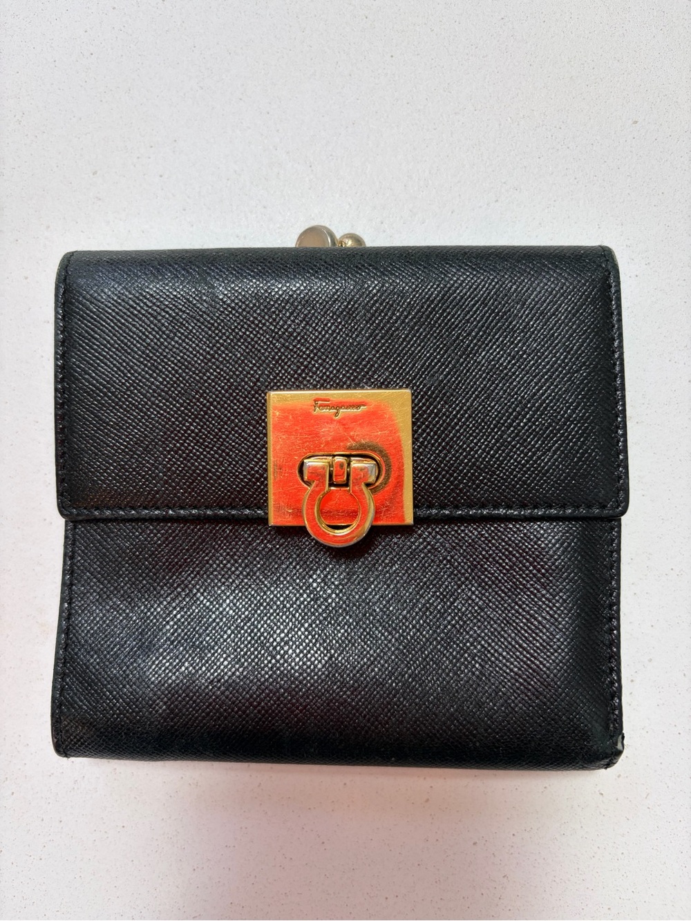 Salvatore Ferragamo Black Leather Wallet with Gold Tone Gancini Lock